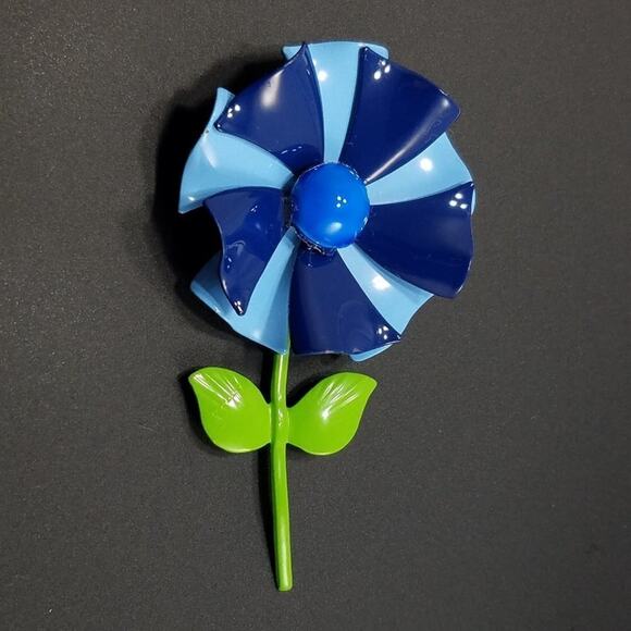 Vintage 1960s Blue Enamel Flower Brooch Green Stem Pinwheel Mod Floral Jewelry - Picture 7 of 8